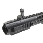 Close-up of black SAI 838 VLTOR AEG AIRSOFT handguard and front sight by E&C