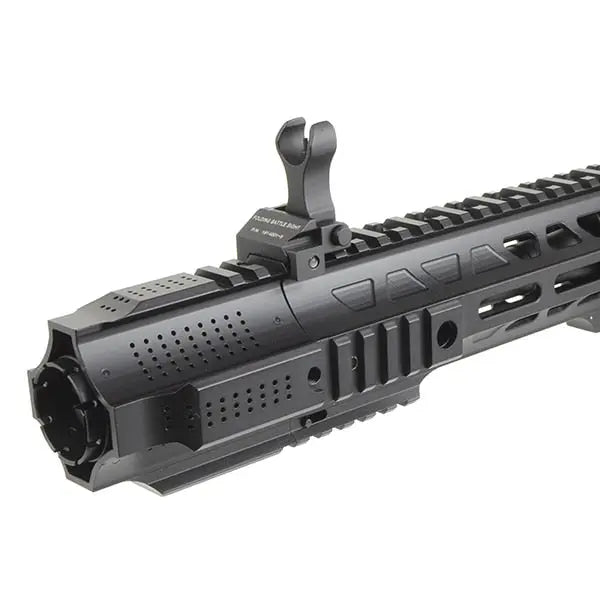 Close-up of black SAI 838 VLTOR AEG AIRSOFT handguard and front sight by E&C
