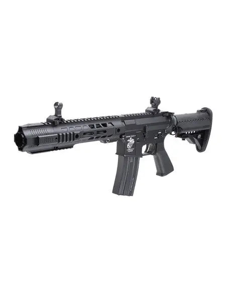 Black SAI 838 VLTOR AEG AIRSOFT rifle with adjustable stock and iron sights by E&C