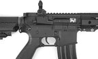 Close-up view of black SAI 838 VLTOR AEG AIRSOFT rifle body and trigger by E&C