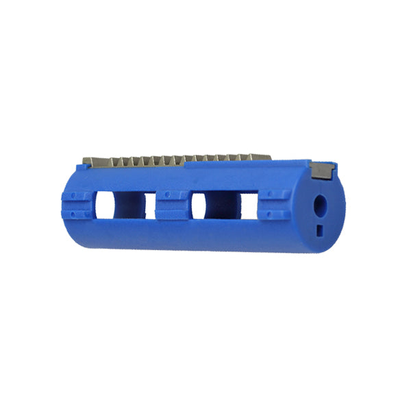 SHS airsoft piston 14 steel teeth with a blue housing designed for enhanced durability in airsoft guns