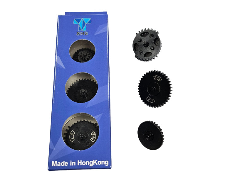 SHS dual sector gear set featuring three durable gears packaged in a stylish box, designed for airsoft upgrades