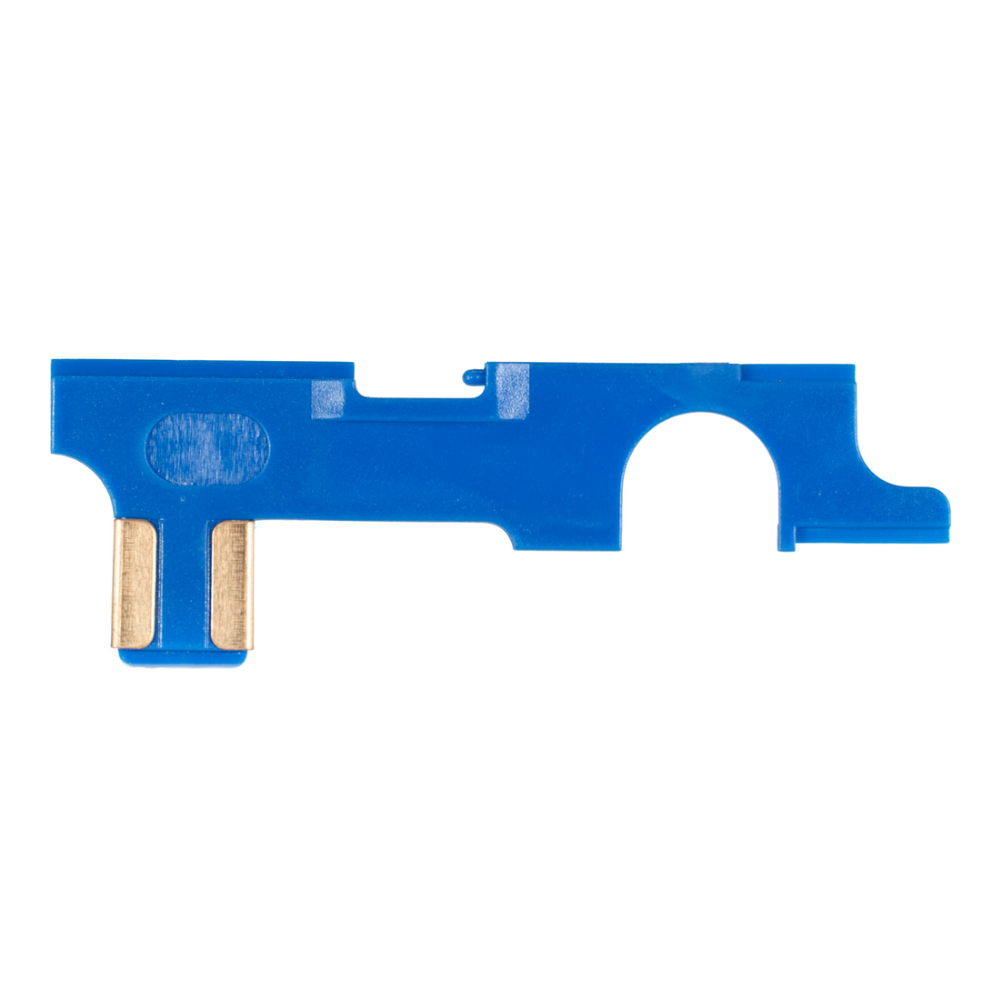 SHS M4 selector plate in blue with gold contact points for airsoft rifles