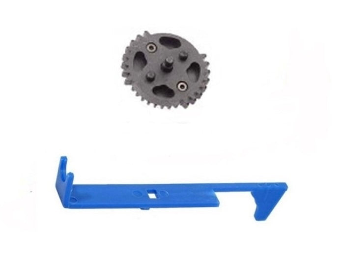 SHS steel DSG gear for V2 AEG with a blue alignment tool for easy installation