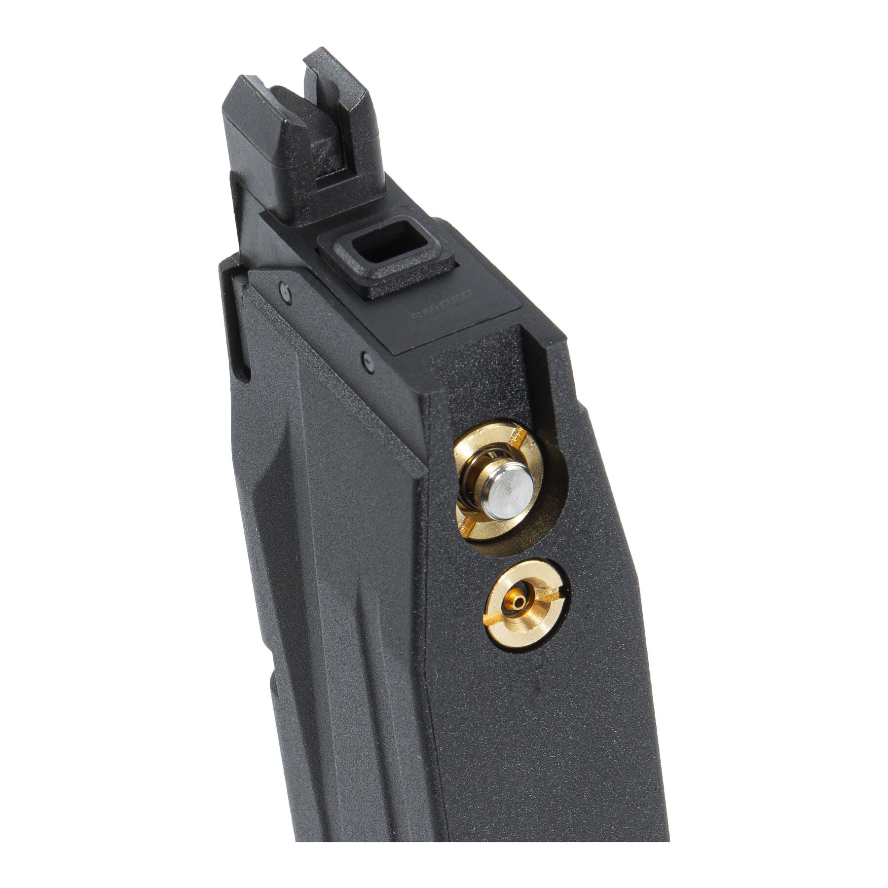 SIG SAUER black m17 MAG AIRSOFT magazine with metallic valve and detailed top view