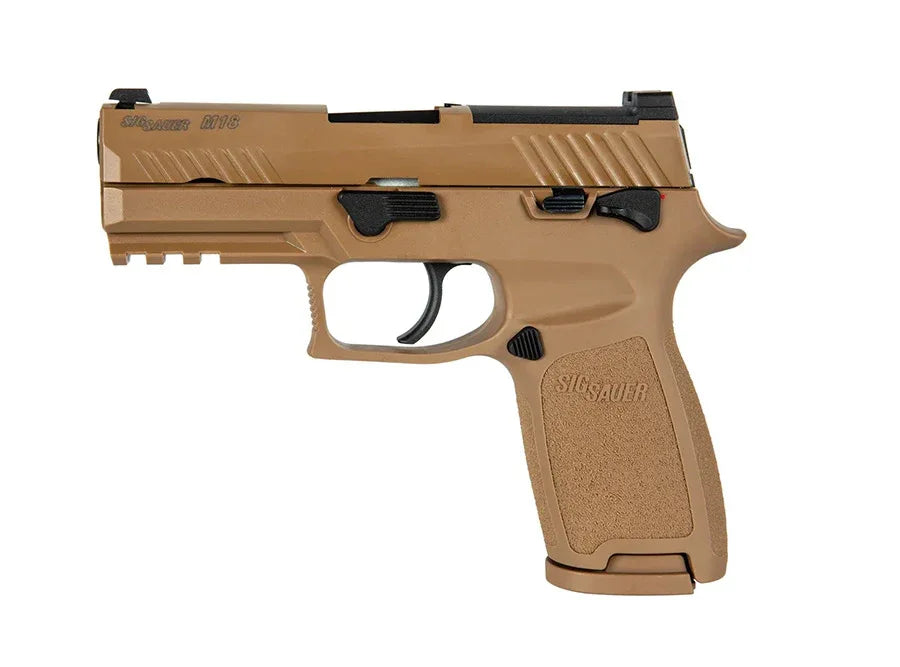 SIG AIR M18 AIRSOFT Pistol in Tan with Tactical Features and Ergonomic Grip