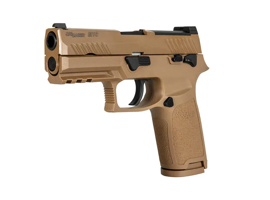 SIG AIR M18 AIRSOFT Pistol in Tan with Textured Grip and Tactical Features