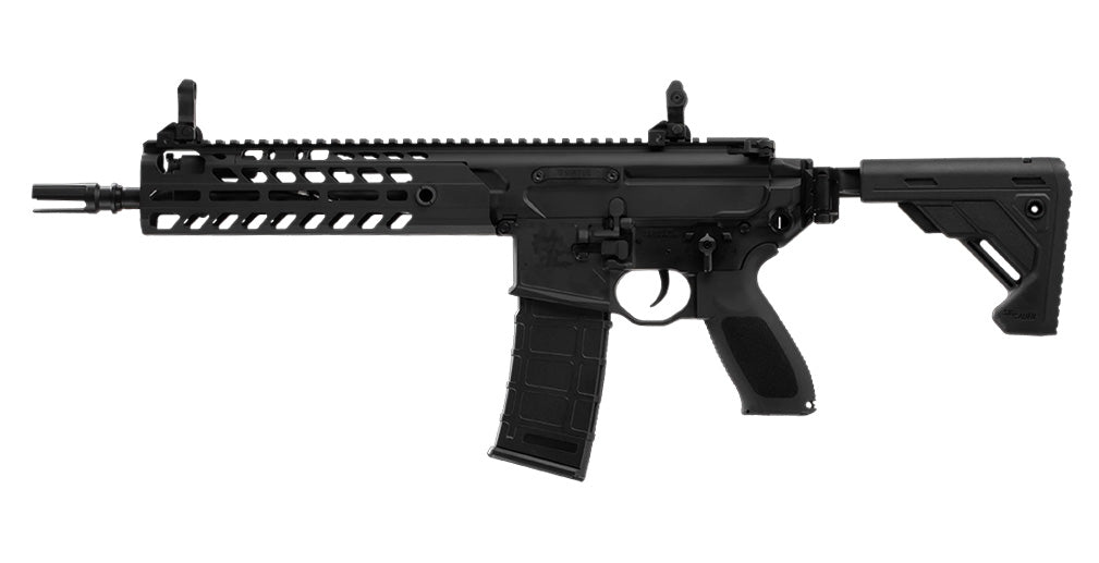 E and C AEG SIG MCX Virtus airsoft rifle in black with adjustable stock MLOK rail and detachable magazine