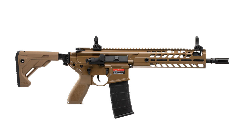 E and C tan AEG SIG MCX Virtus airsoft rifle with collapsible stock, MLOK handguard, flip up sights and detachable magazine