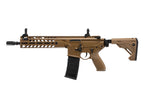 E C tan SIG MCX Virtus airsoft rifle AEG with adjustable stock flip up sights and MLOK handguard