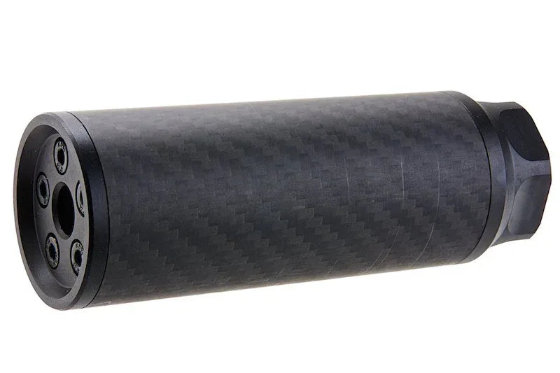 SILVERBACK AIRSOFT CARBON SILENCER with a sleek carbon finish for improved sound dampening in airsoft guns