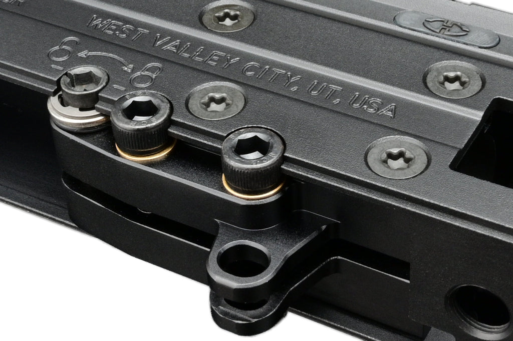 Close up of SILVERBACK MDRX V3 AEG top rail and mounting screws showing durable metal construction