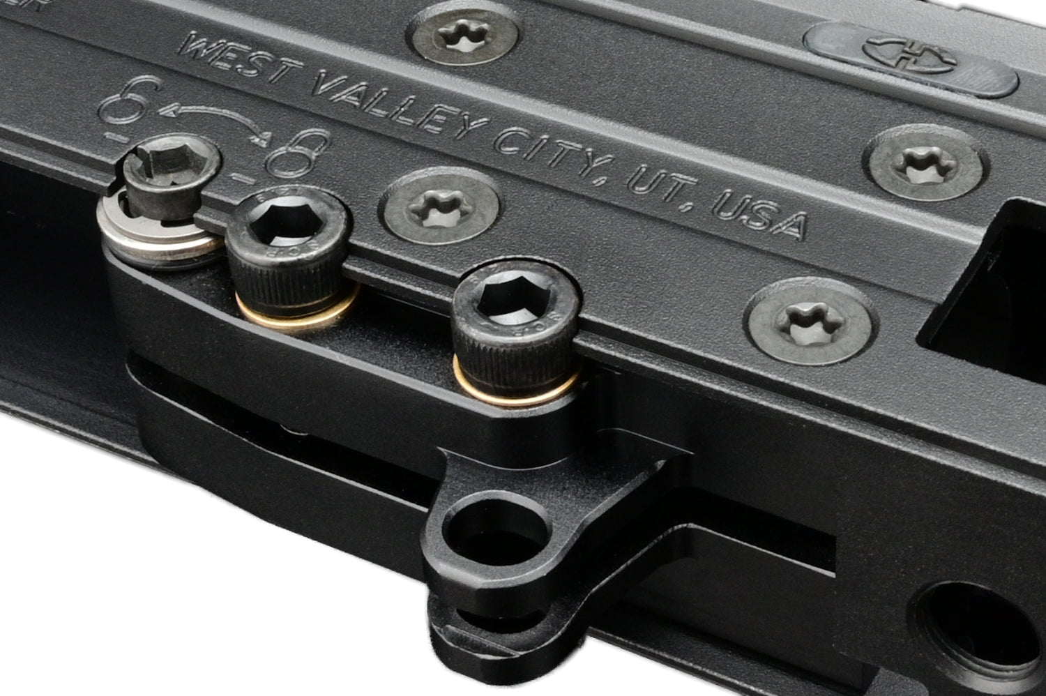 Close up of SILVERBACK MDRX V3 AEG top rail and mounting screws showing durable metal construction