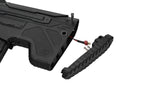 SILVERBACK MDRX V3 AEG rear end with removable buttplate exposing battery compartment and red black connector