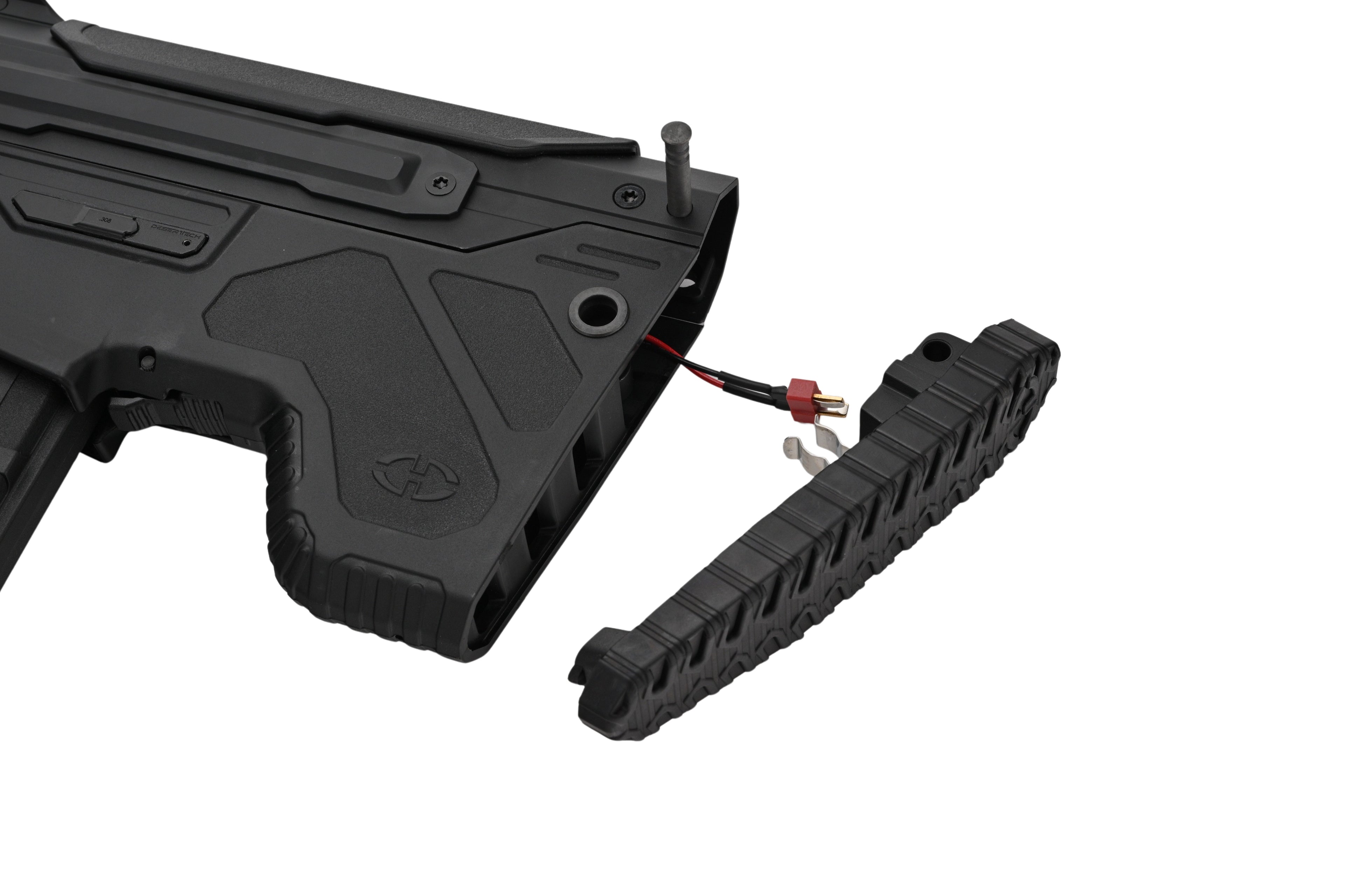 SILVERBACK MDRX V3 AEG rear end with removable buttplate exposing battery compartment and red black connector