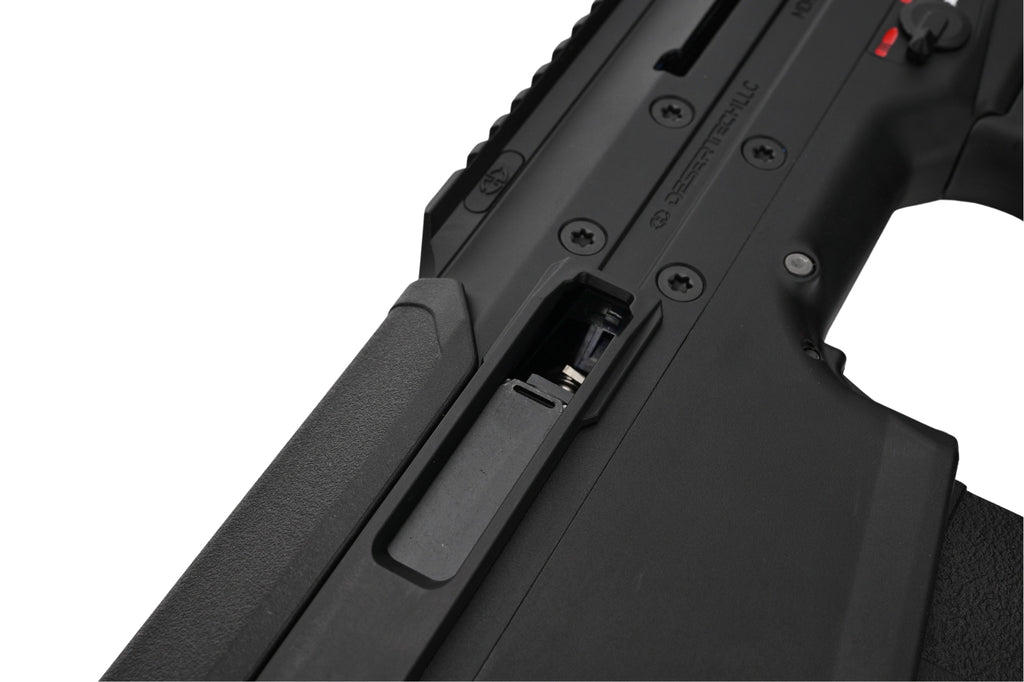 SILVERBACK MDRX V3 AEG close up of black polymer receiver showing ejection port and textured grip