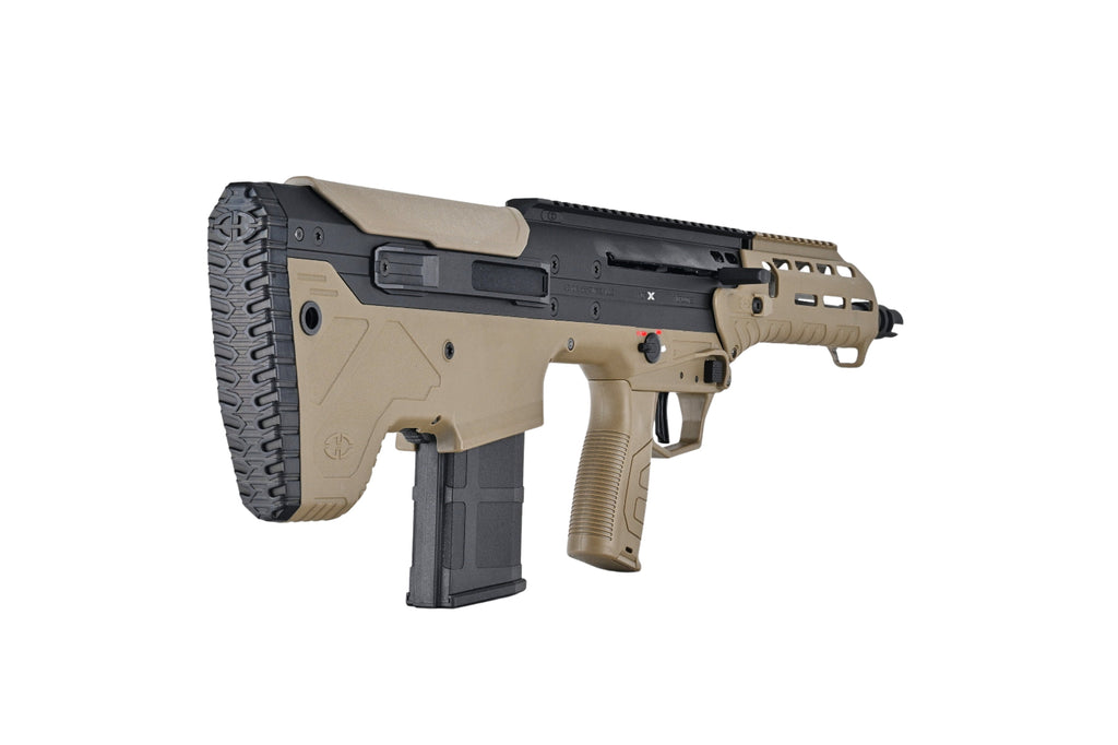 SILVERBACK MDRX V3 tan and black bullpup AEG airsoft rifle with magazine and ergonomic grip
