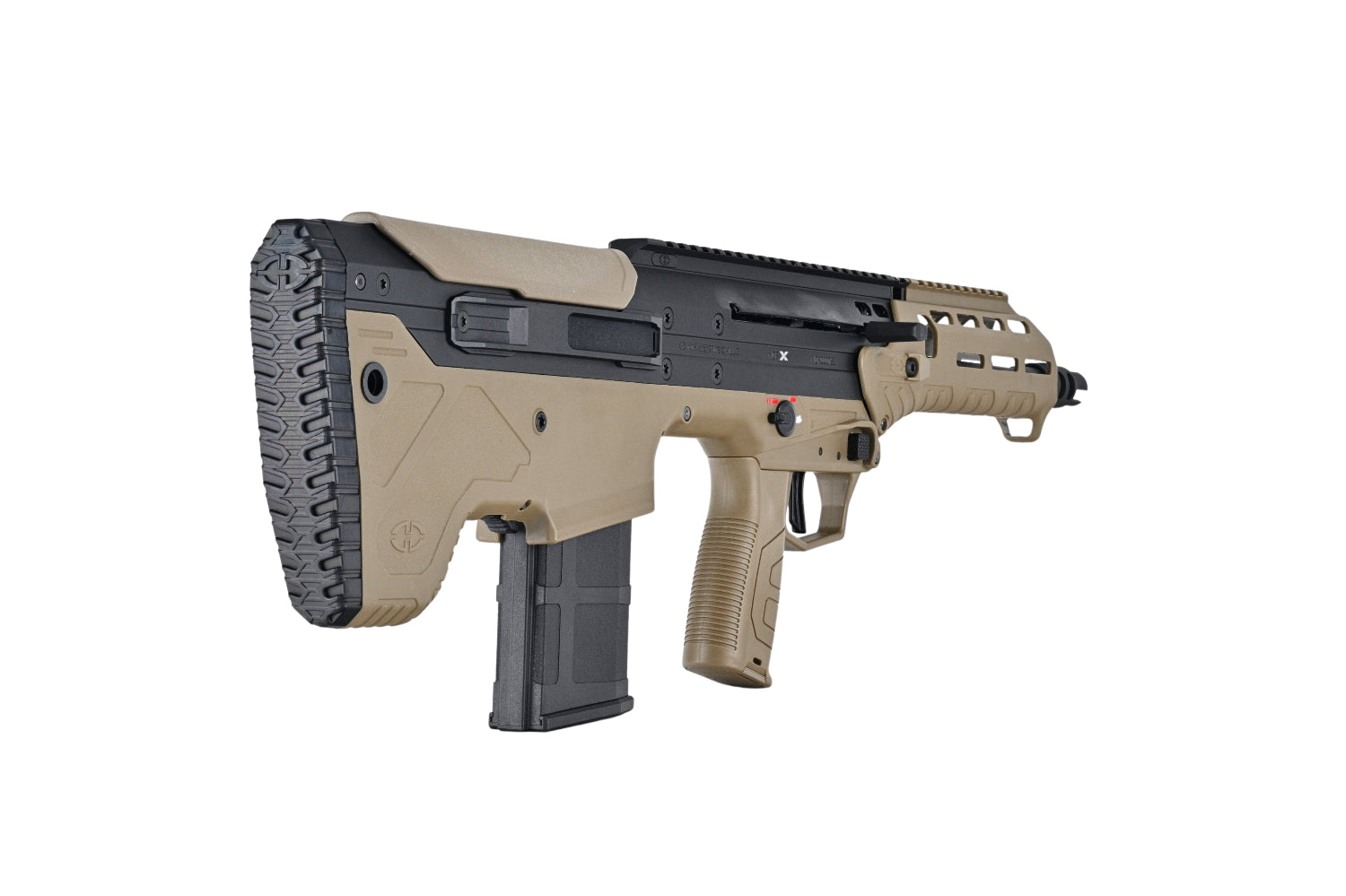 SILVERBACK MDRX V3 tan and black bullpup AEG airsoft rifle with magazine and ergonomic grip