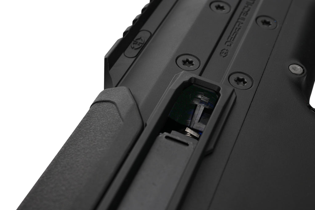 Close up of black AEG receiver ejection port and bolt mechanism for SILVERBACK MDRX V3 airsoft rifle