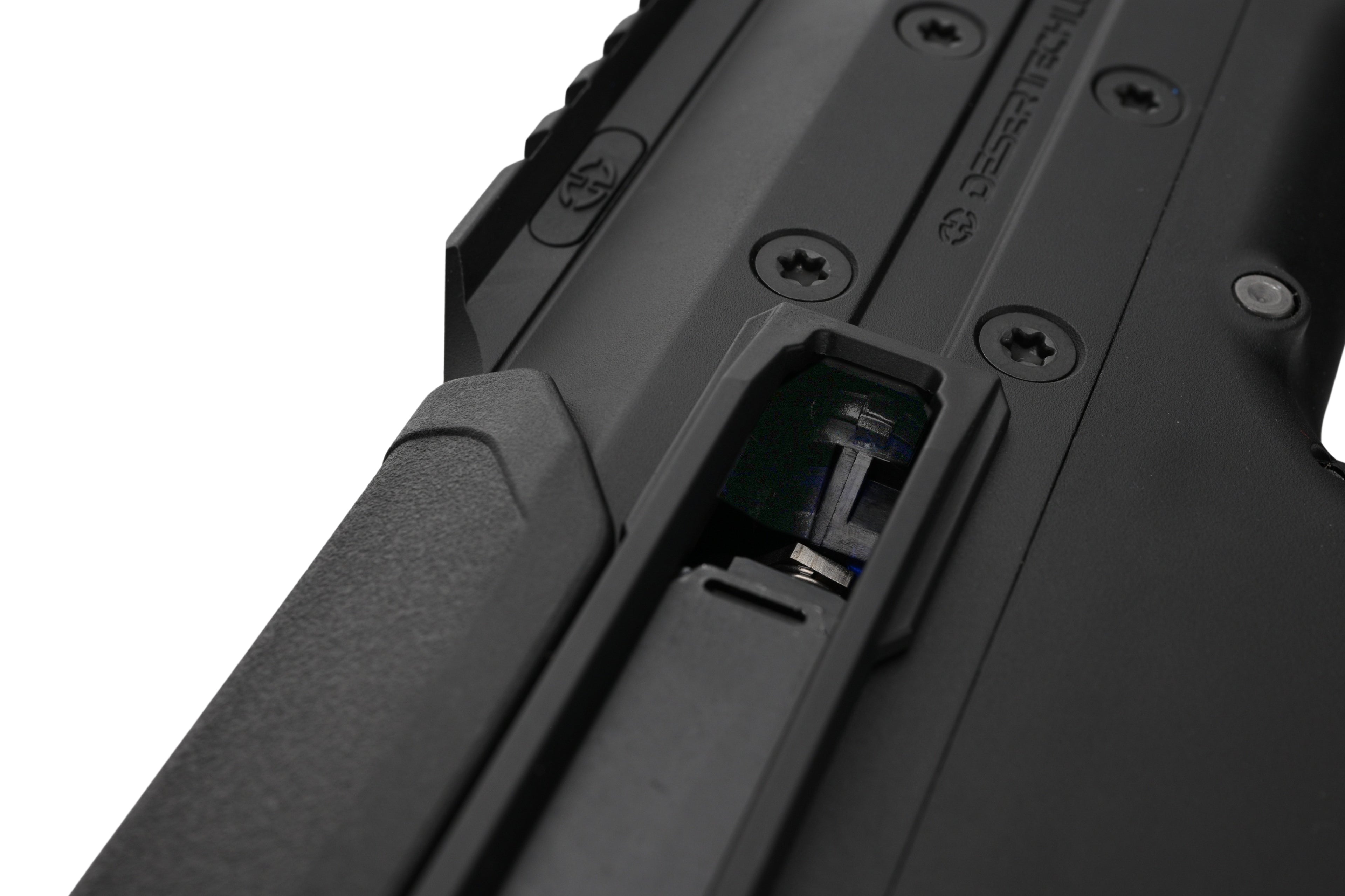Close up of black AEG receiver ejection port and bolt mechanism for SILVERBACK MDRX V3 airsoft rifle