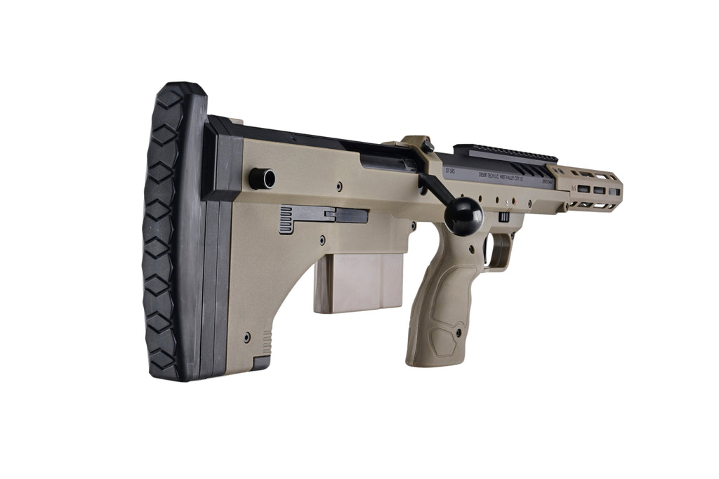 SILVERBACK SRS 16 sniper rifle chassis in tan with adjustable stock pistol grip and Picatinny rail