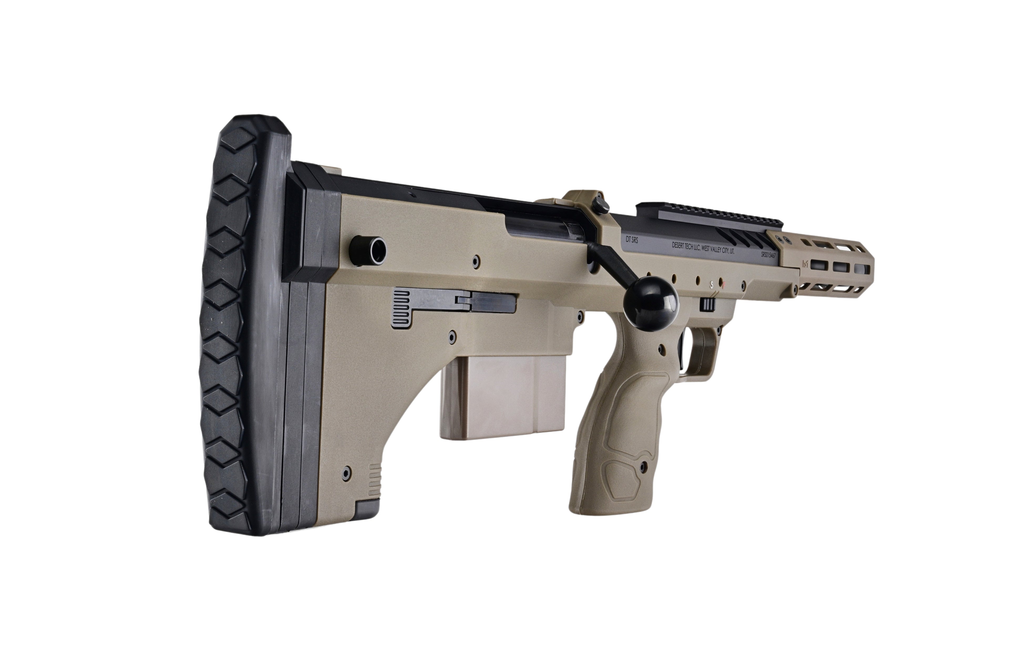 SILVERBACK SRS 16 sniper rifle chassis in tan with adjustable stock pistol grip and Picatinny rail
