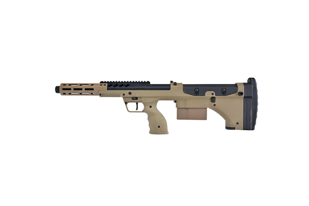 SILVERBACK SRS 16 tan bullpup sniper rifle with top Picatinny rail adjustable rear stock and magazine