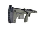 Side view of olive green SILVERBACK SRS 16 sniper rifle chassis with adjustable stock and bolt action