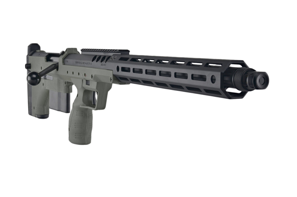 Silverback SRS airsoft A2 bolt action sniper rifle in olive gray with long ventilated handguard and magazine
