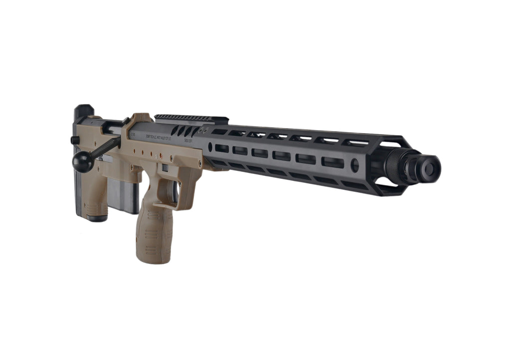 Silverback SRS airsoft A2 tan and black bolt action sniper rifle with long free float rail