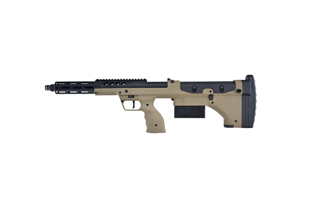SILVERBACK SRS COVERT 16 tan bullpup sniper rifle with black rail adjustable cheek rest and detachable magazine