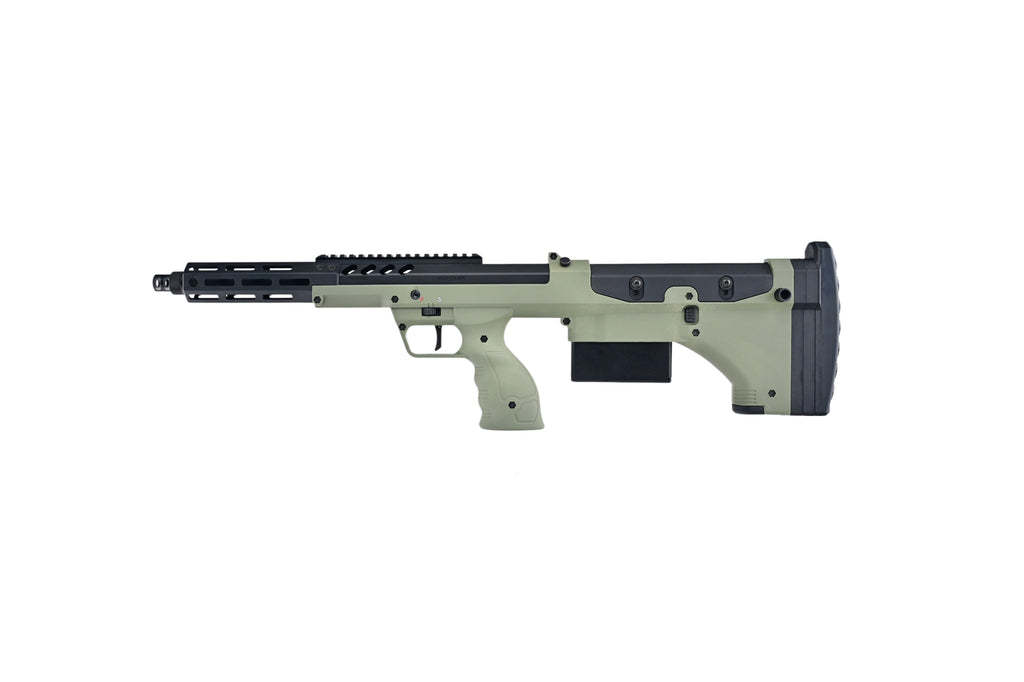 SILVERBACK SRS COVERT 16 olive drab bullpup sniper rifle with black MLOK rail and adjustable cheek rest