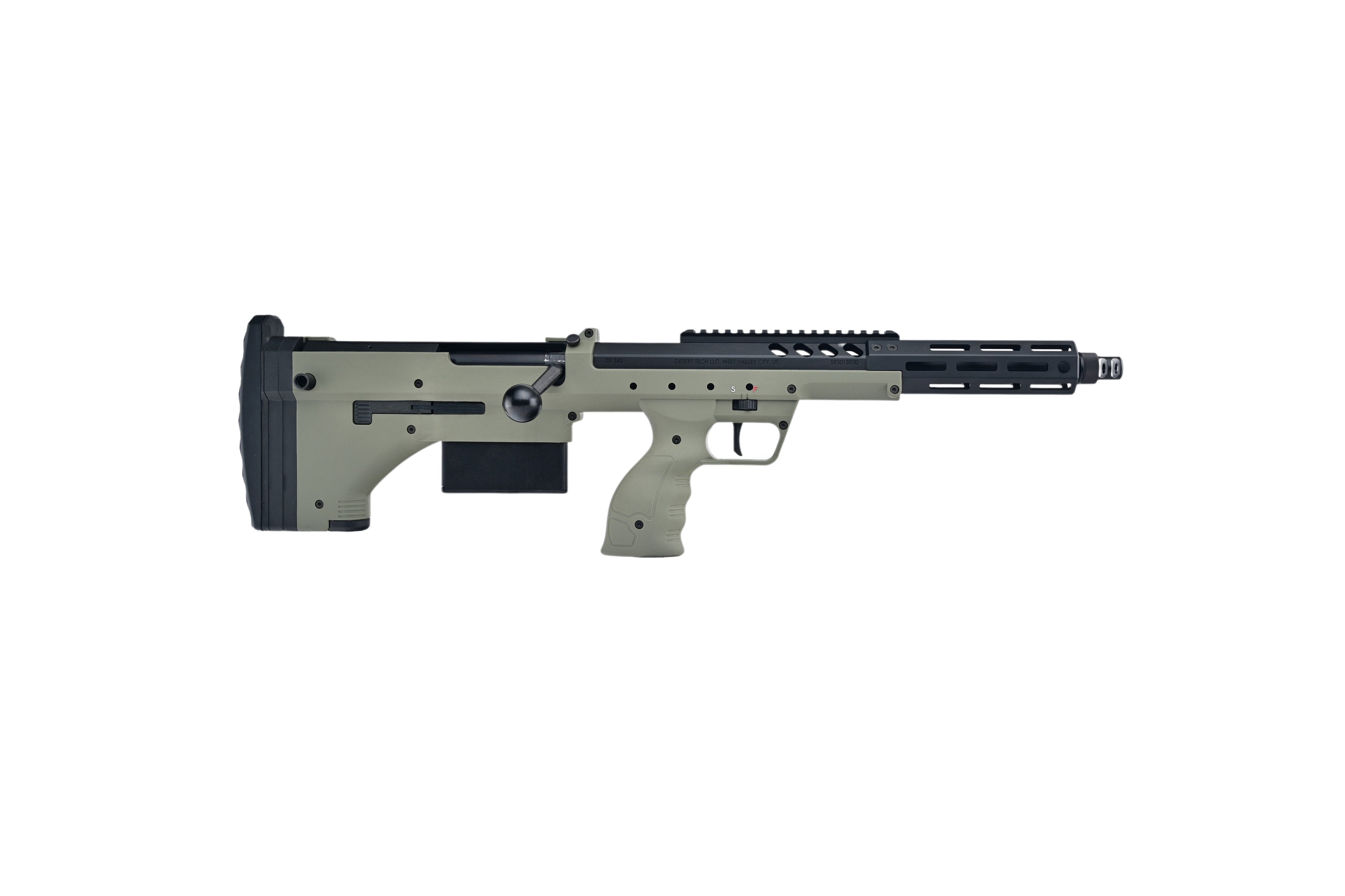 SILVERBACK SRS COVERT 16 bolt action sniper rifle in olive drab with black barrel rail and adjustable stock