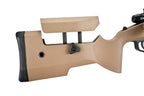 SILVERBACK TAC-41P tan adjustable sniper stock with cheek rest and rubber recoil pad closeup
