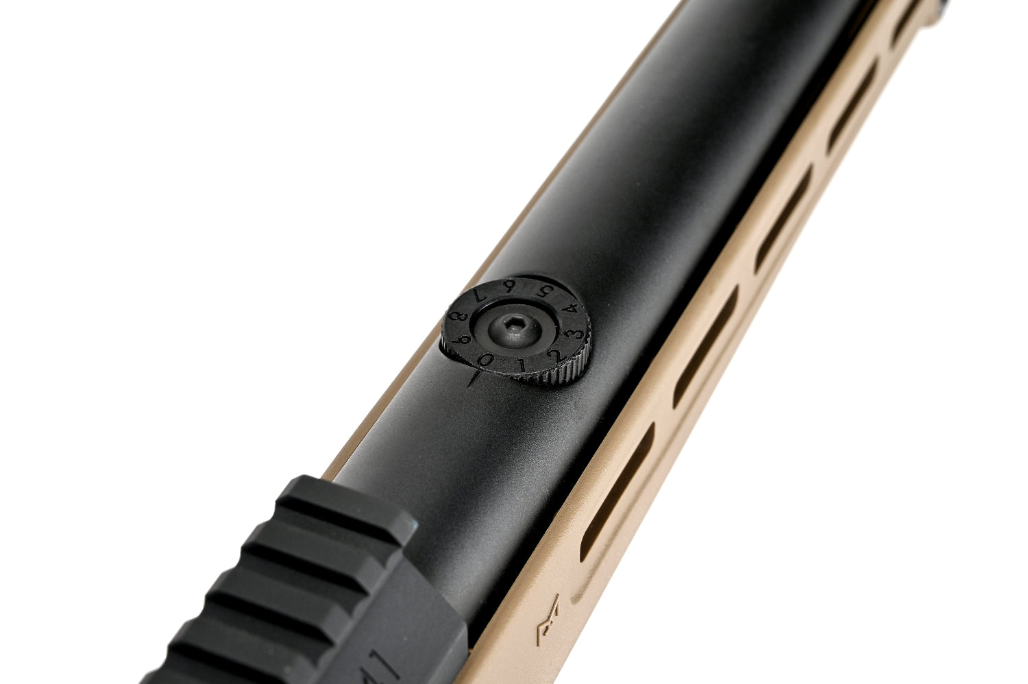 SILVERBACK TAC-41P sniper rifle close up of black barrel and tan MLOK handguard with Picatinny rail