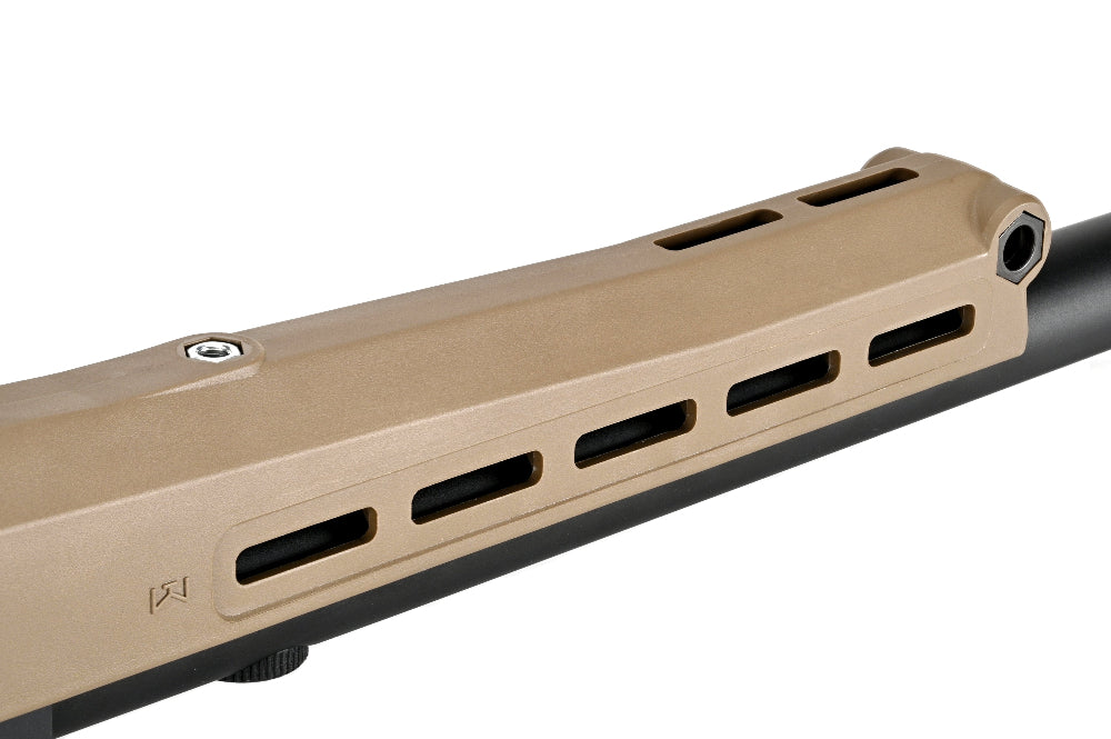 Close up of SILVERBACK TAC-41P tan sniper rifle handguard with MLOK style slots and black barrel