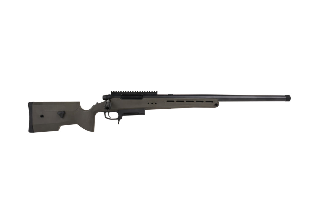 SILVERBACK TAC-41P bolt action sniper rifle in olive drab with long heavy barrel and adjustable stock