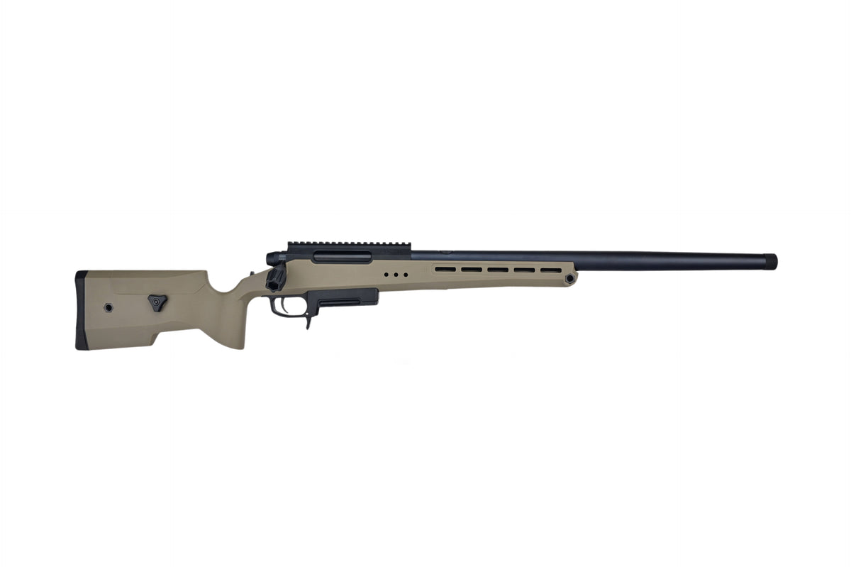 SILVERBACK TAC-41P tan chassis bolt-action sniper rifle with long black barrel and Picatinny rail