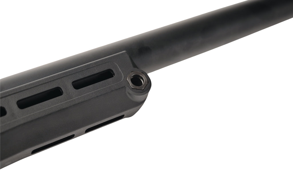 Close up of SILVERBACK TAC-41P SPORT black sniper barrel and ventilated handguard with mounting slots