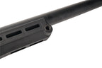 Close up of SILVERBACK TAC-41P SPORT black sniper barrel and ventilated handguard with mounting slots