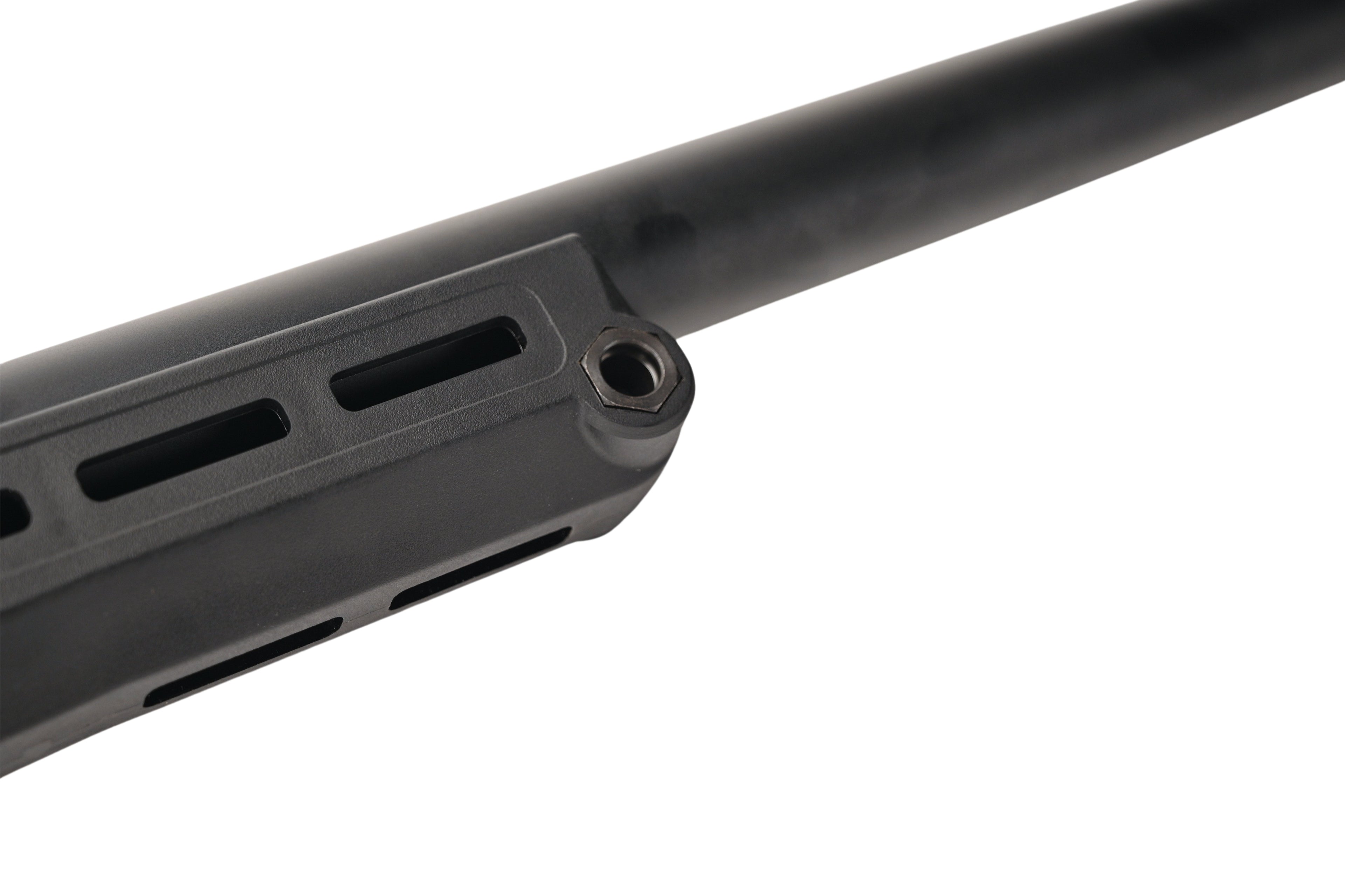 Close up of SILVERBACK TAC-41P SPORT black sniper barrel and ventilated handguard with mounting slots