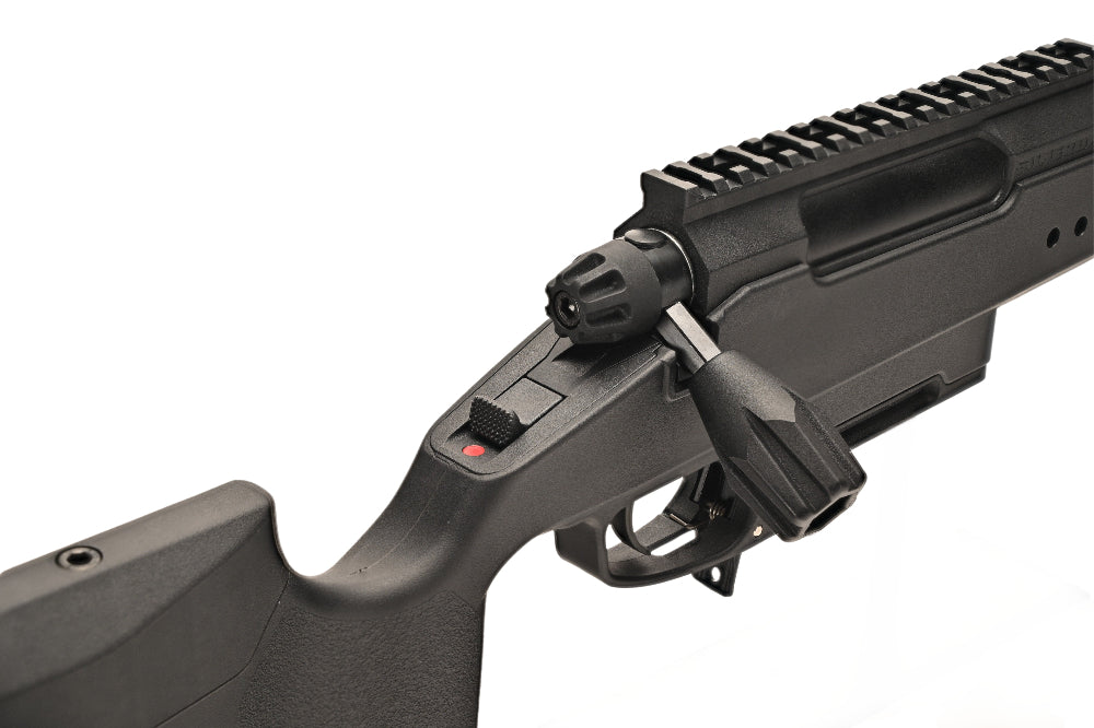 SILVERBACK TAC-41P SPORT black bolt action sniper rifle closeup showing stock bolt handle trigger and Picatinny rail
