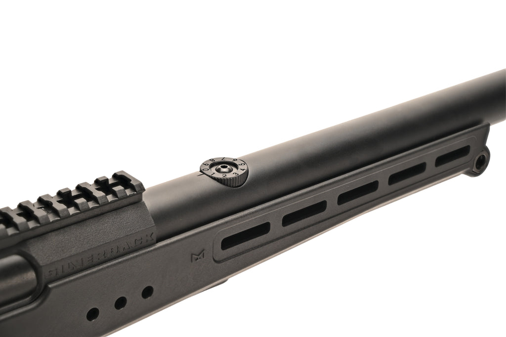 Close up of SILVERBACK TAC-41P SPORT sniper rifle black barrel Picatinny rail and ventilated MLOK handguard