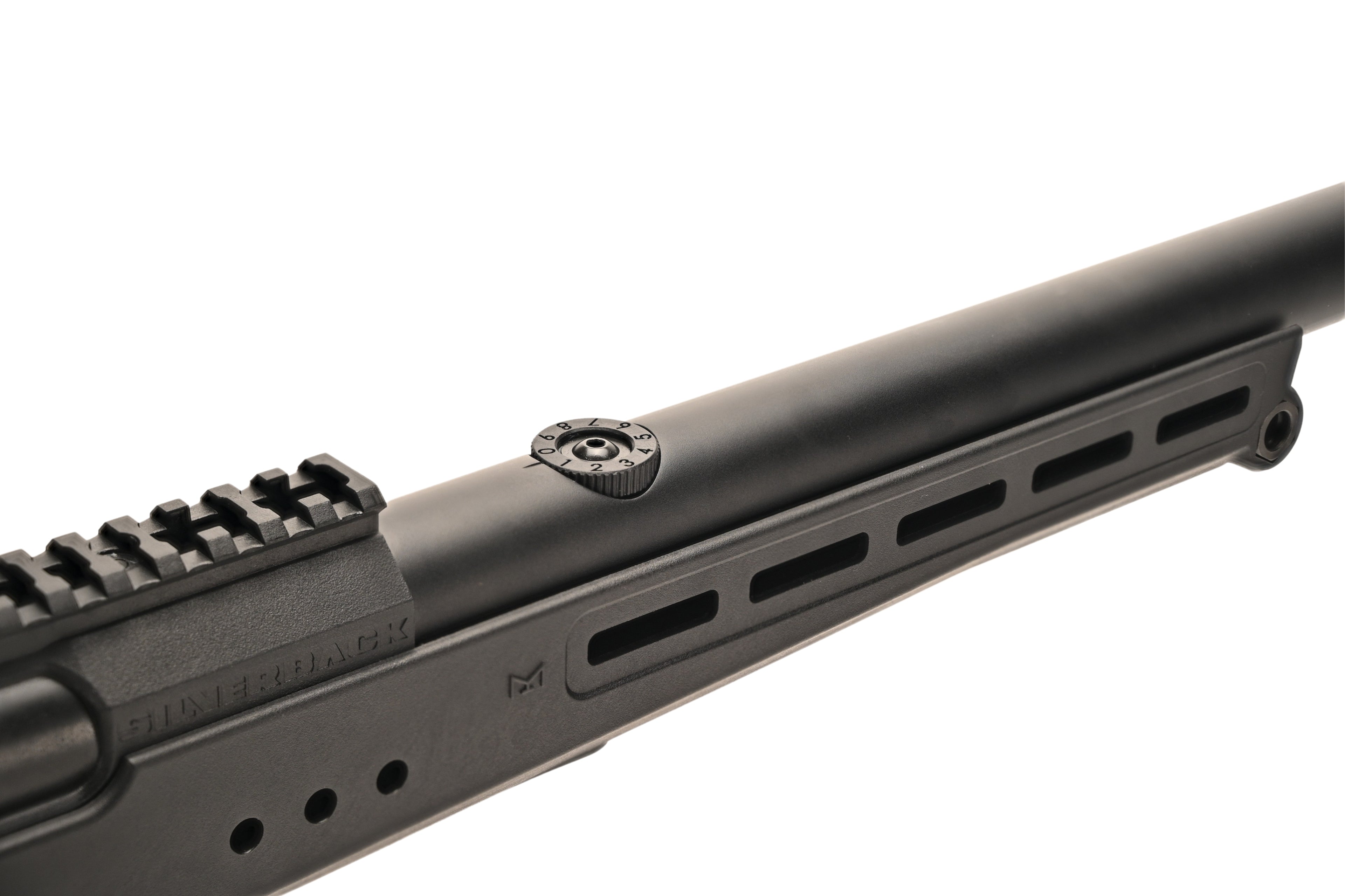 Close up of SILVERBACK TAC-41P SPORT sniper rifle black barrel Picatinny rail and ventilated MLOK handguard