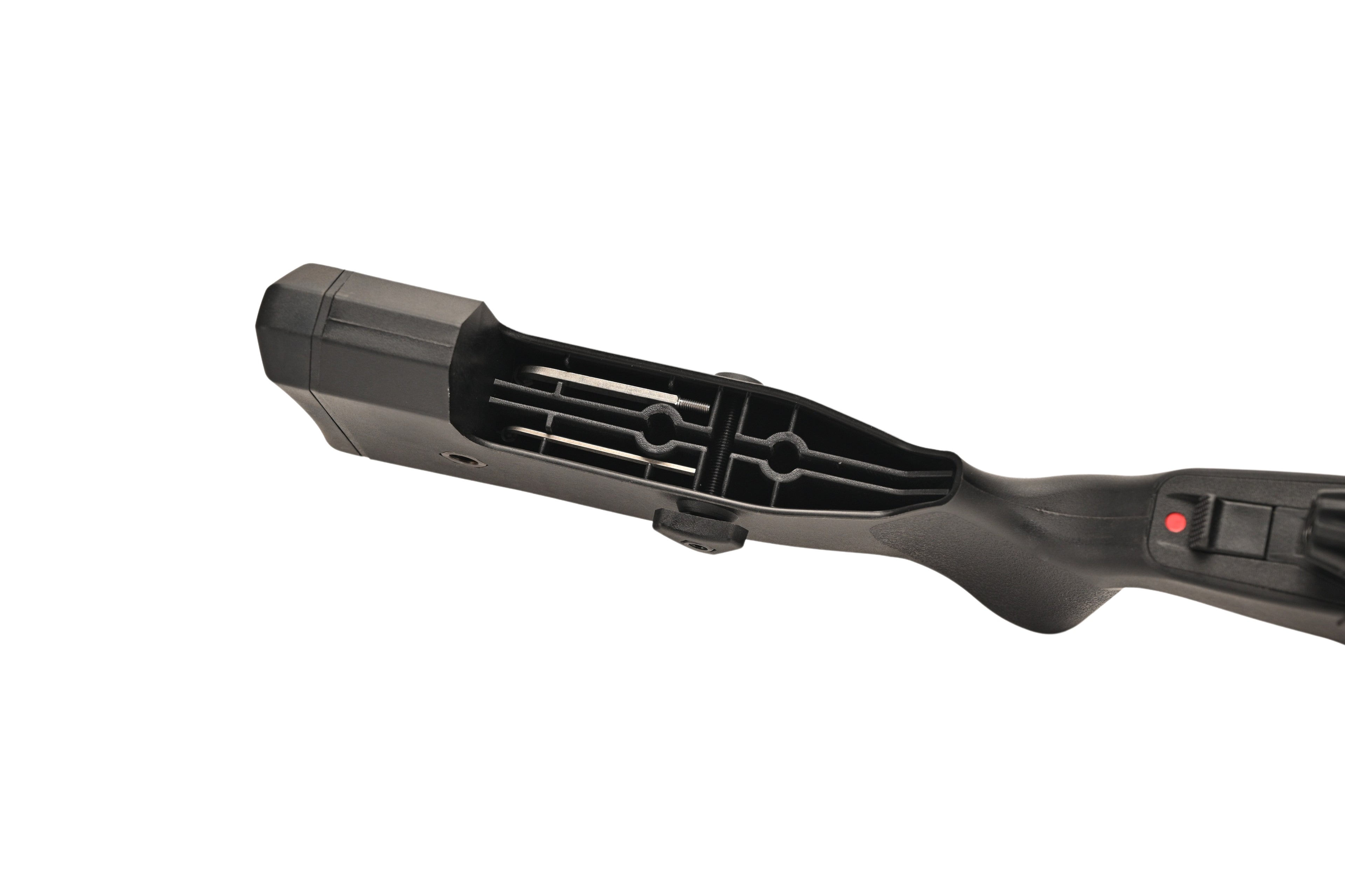 SILVERBACK TAC-41P SPORT black synthetic sniper stock showing internal chassis cheek rest and safety
