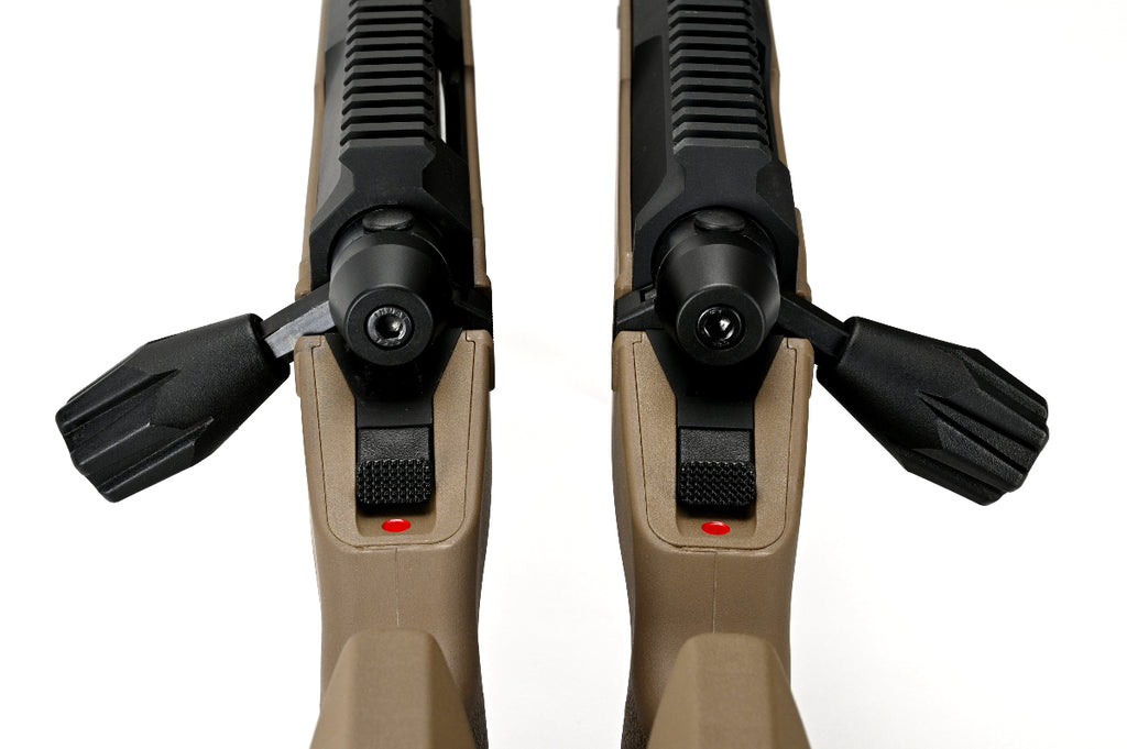 SILVERBACK TAC-41P sniper rifle top view showing tan bolt handles Picatinny rails and safeties