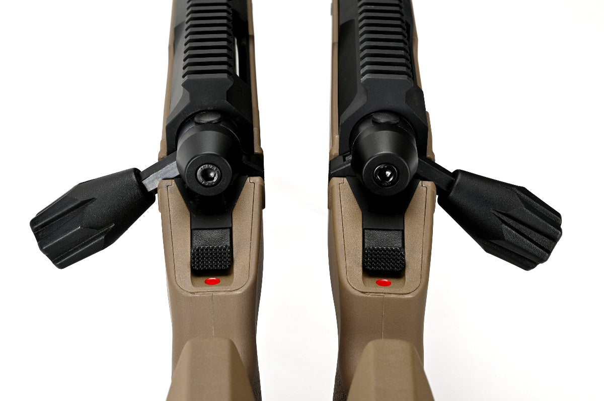 SILVERBACK TAC-41P sniper rifle top view showing tan bolt handles Picatinny rails and safeties