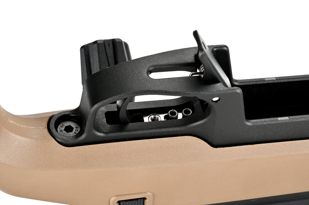 Close up of SILVERBACK TAC-41P sniper rifle trigger and bolt area with tan chassis detail