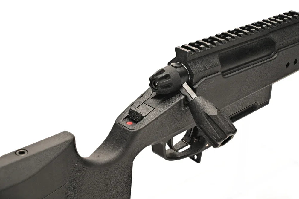 Detail view of SILVERBACK TAC-41P AIRSOFT sniper rifle with adjustable components and tactical rail system