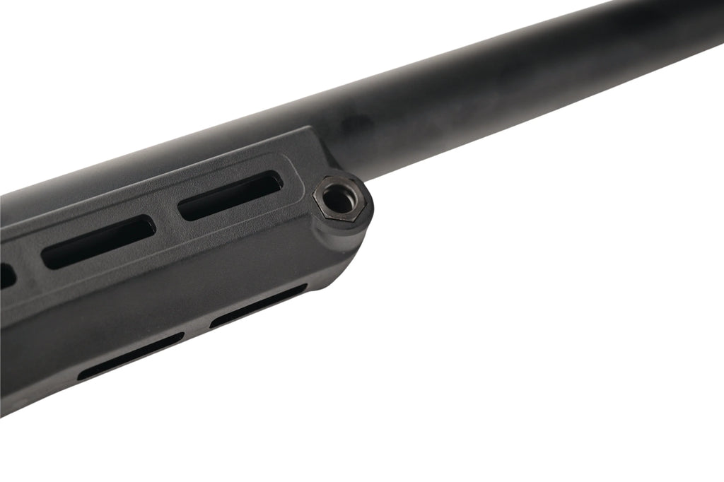 Close-up of the barrel of the SILVERBACK TAC-41P AIRSOFT sniper, showcasing its sleek design and features